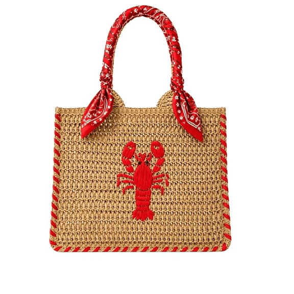 Ladies Mini Straw Handbag Natural Woven Beach Purse Small Tote Bag With Lobster Embroidery Summer Raffia Shoulder Bag