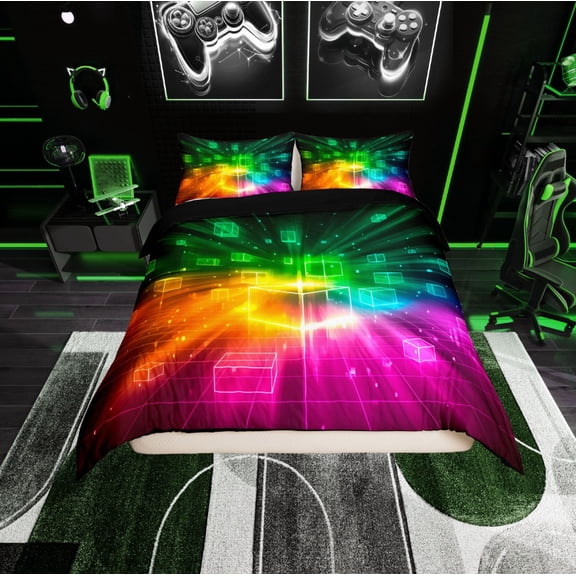 Erosebridal Futuristic Cubes Comforter Cover Twin,Geometric Plaid Bedding Twin Size,Grid Checkerd Duvet Cover Twin,Super Cozy Gradient Bedroom Decoration,Reversible,2-Piece(No Comforter)