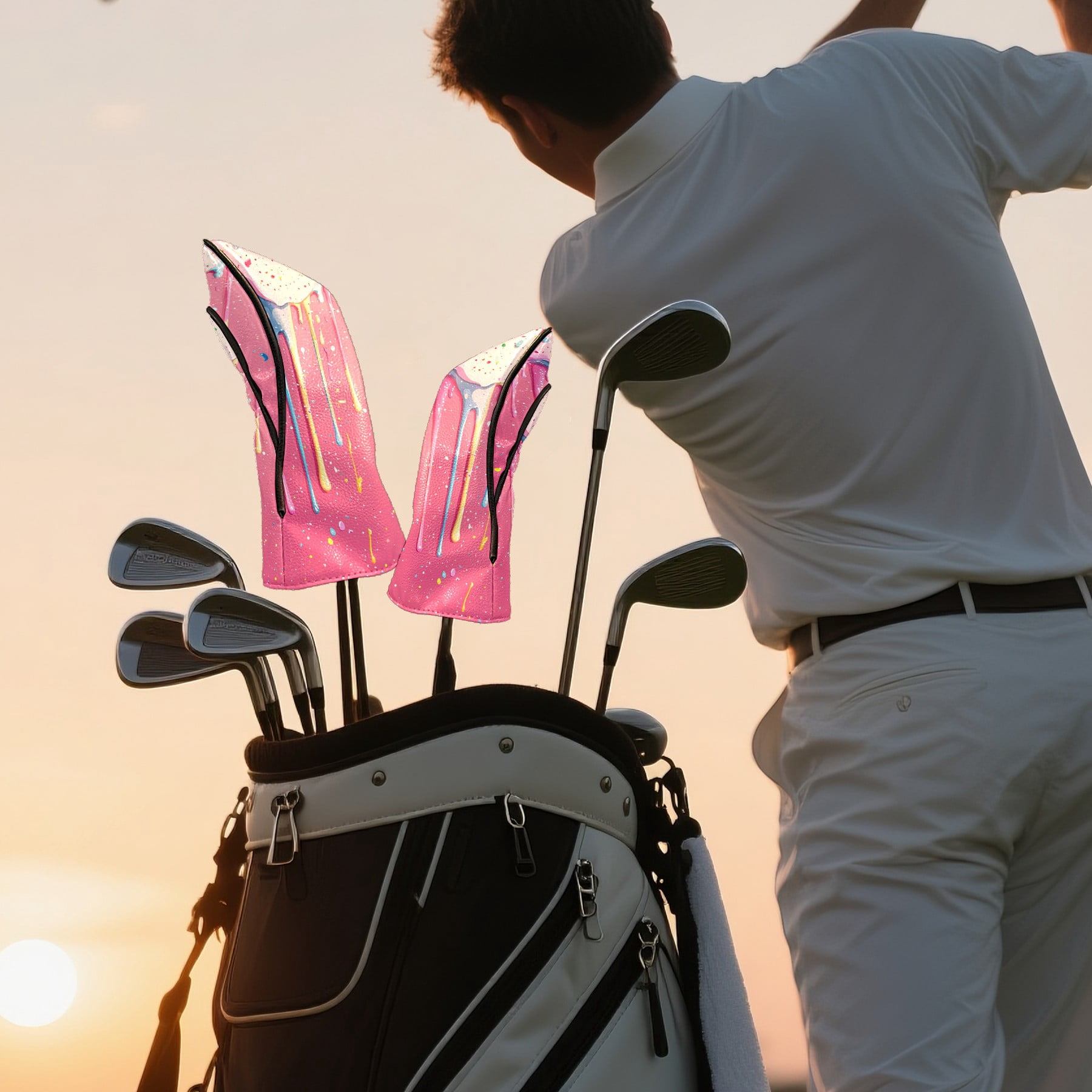 Golf Club Covers PU Leather Waterproof Head Covers for Fairway Woods Hybrids Ice Cream Droplets