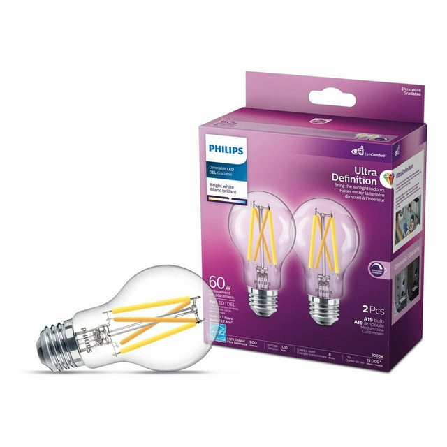 Two-pack of PHILIPS 8W (60W equivalent) A19 medium base dimmable LED filament light bulbs with bright white ultra definition light in clear glass packaging.