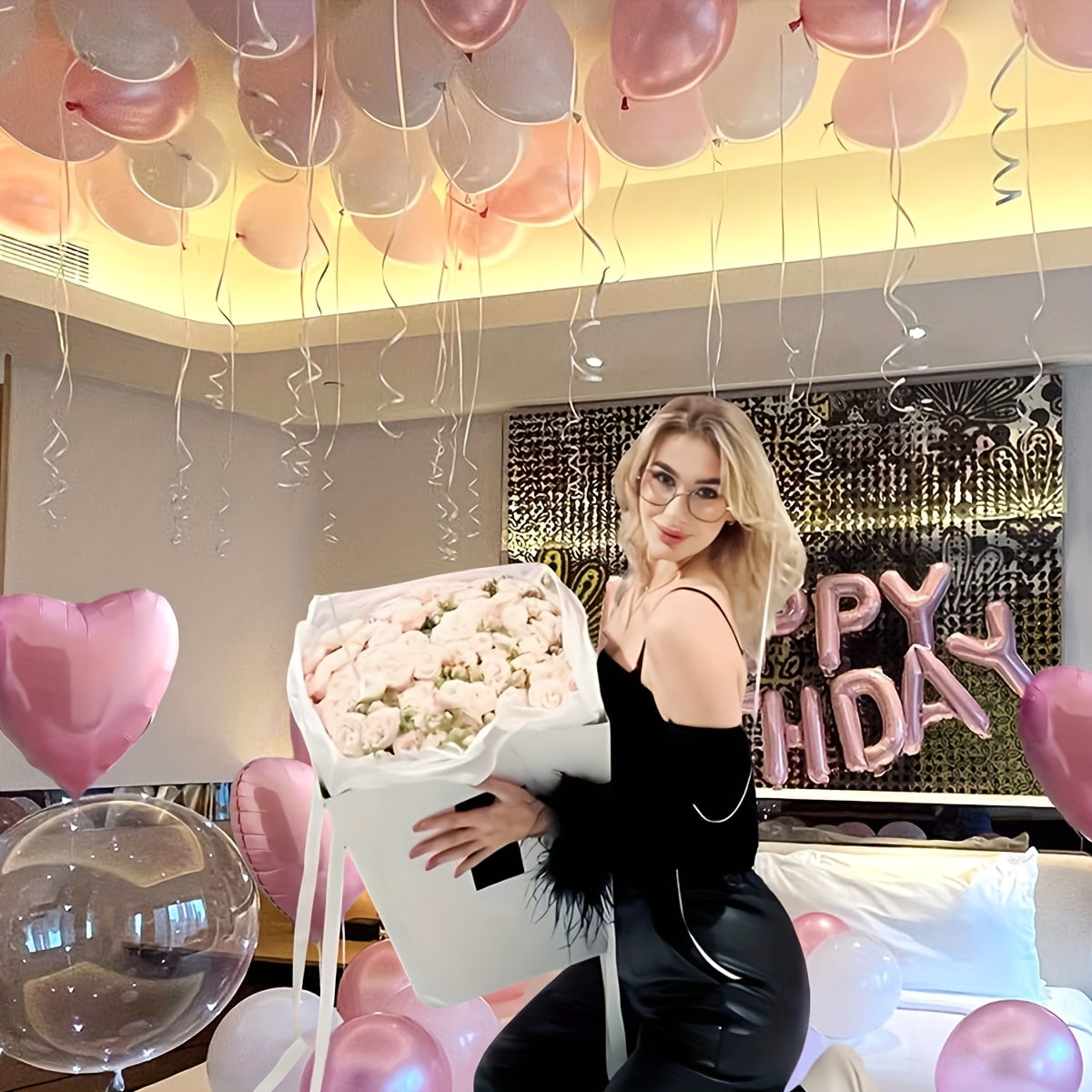 53pcs Pink and White Birthday Balloon Set - Pink Heart-Shaped Latex Balloons with "Happy Birthday" Letter Balloons,Aluminum Film Balloons for Birthday Parties