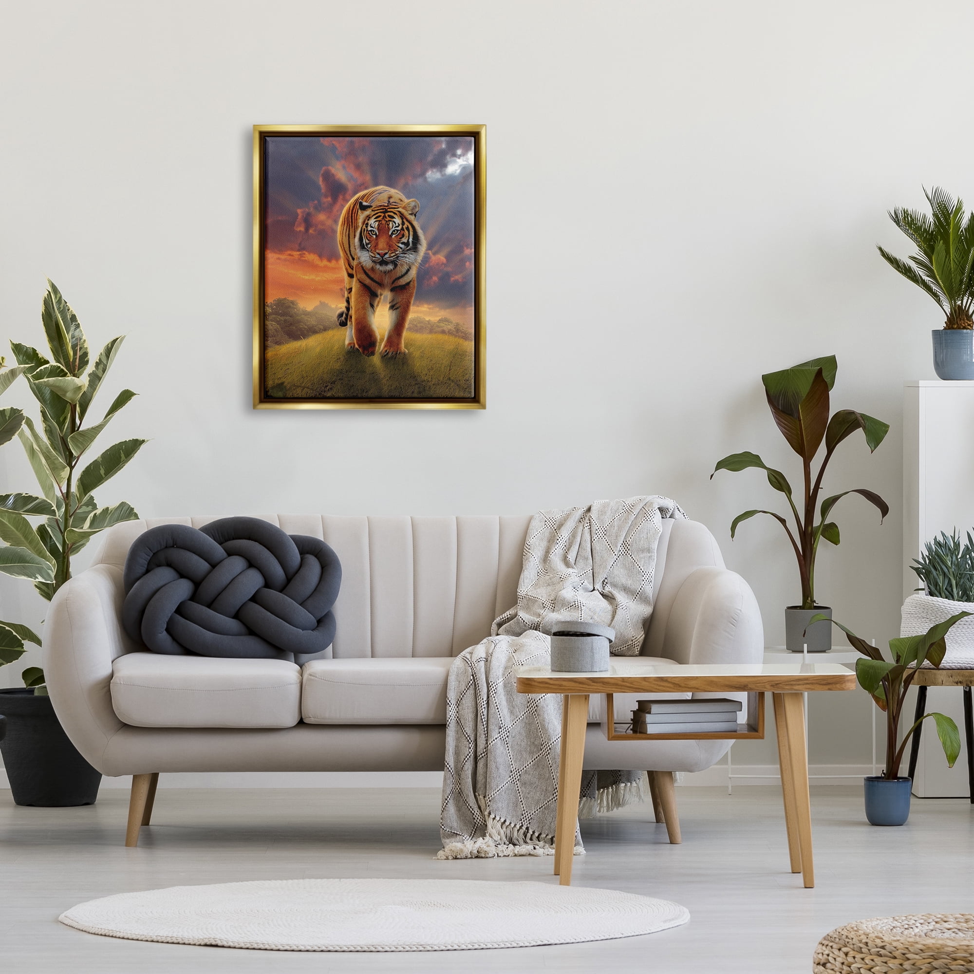 Stupell Industries Rising Tiger Sunset Animals & Insects Painting Gold Floater Framed Canvas Art Print Wall Art, 25 x 31
