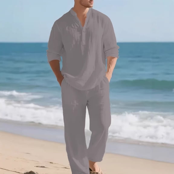 Mifsaly Linen Set Men 2 Piece Button Closure Hooded Long Sleeve Top and Straight Leg Pants with Pockets Comfortable Loungewear Vacation Summer Matching Lounge Outfits XXL