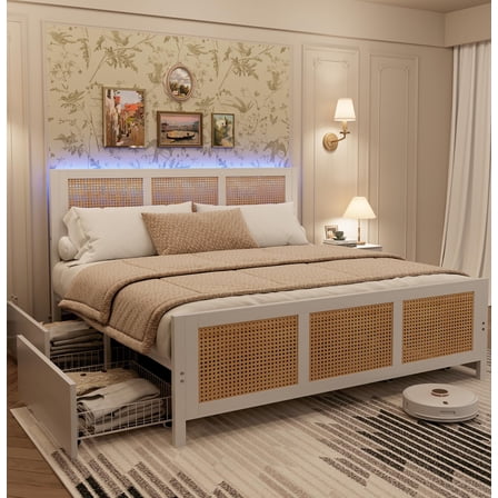 EcoSummer Queen Bed Frame with Headboard, Rattan Platform Storage Bed & LED Lights