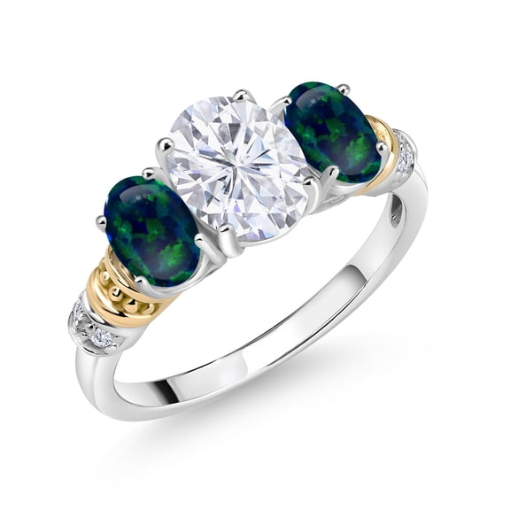 Gem Stone King 925 Sterling Silver and 10K Yellow Gold Oval White Moissanite Green Opal and White Diamond 3 Stone Ring for Women (2.53 Cttw, Gemstone Birthstone, Size 5)