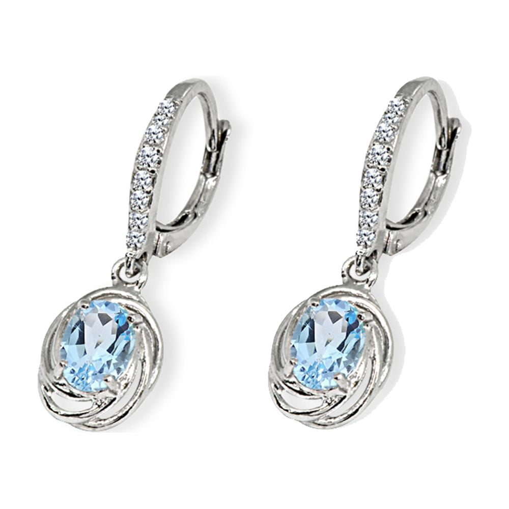 Blue Topaz & CZ 7x5mm Oval Love Knot Sterling Silver Leverback Dangle Earrings