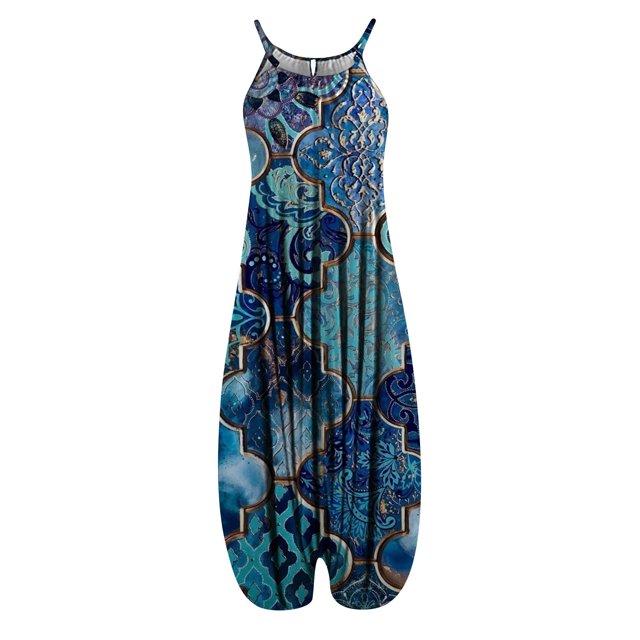 Gibobby Mono Ajustado de Verano Mono informal sin mangas con tirantes y espalda descubierta para mujer, peto con bolsillo lateral y estampado Vintage, pantalones(Azul, XL)