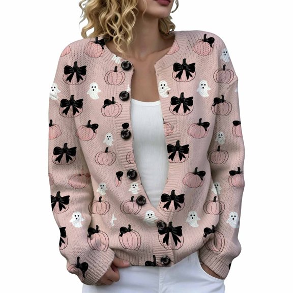 JIAYUE Women Halloween Cardigan Cozy Crew Neck Button Front Knit Sweater Long Sleeve Pumpkin Ghost Print Outerwear For Daily Walking Shopping