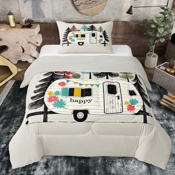 Erosebridal Teens Happy Camping Twin Comforter Sets 3-Piece,RV Car Bedding Set for Kids Girls Boys,Grey Reversible,Super Cozy Room Decor