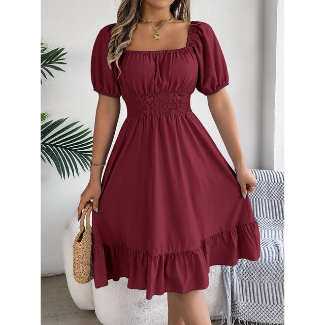 Vestidos MIidi para mujer, verano 2024, informal, cuello cuadrado, manga corta, cintura, borde con volantes, vestido elegante para mujer, Плаalıя Ж Jaya Kami Kamiе