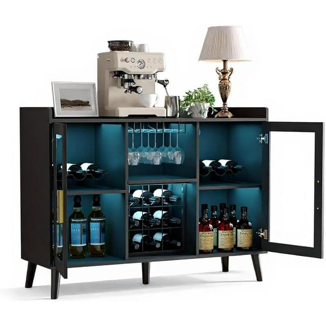 47-inch Wine Bar Cabinet with LED Lights, Modern Liquor Cabinet with Wine Racks, Buffet Sideboard & Coffee Bar Station for Living Room, Dining Room & Kitchen