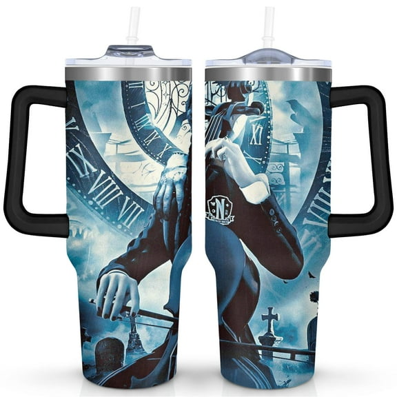 40oz Wednesday Girl Stainless Steel Tumbler with Lid and Straw,Wednesday Stuff Merchandise Spill Proof Travel Cup Double Wall Vacuum Insulated Coffee Mug with Handle Black