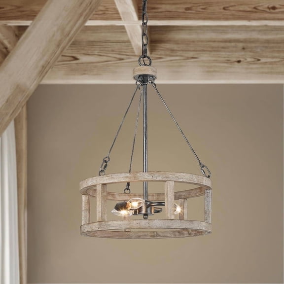 LNC Heloise 4-Light Rustic Wood and Black Drum Chandelier for Kitchen Island