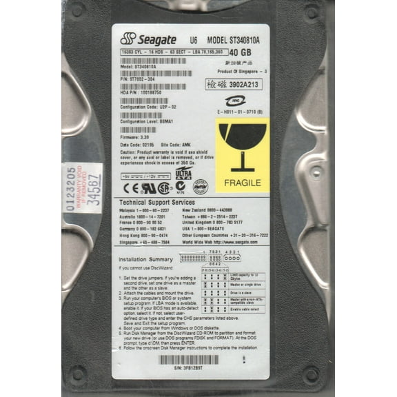 ST340810A, 3FB, AMK, PN 9T7002-304, FW 3.39, Seagate 40GB IDE 3.5 Hard Drive