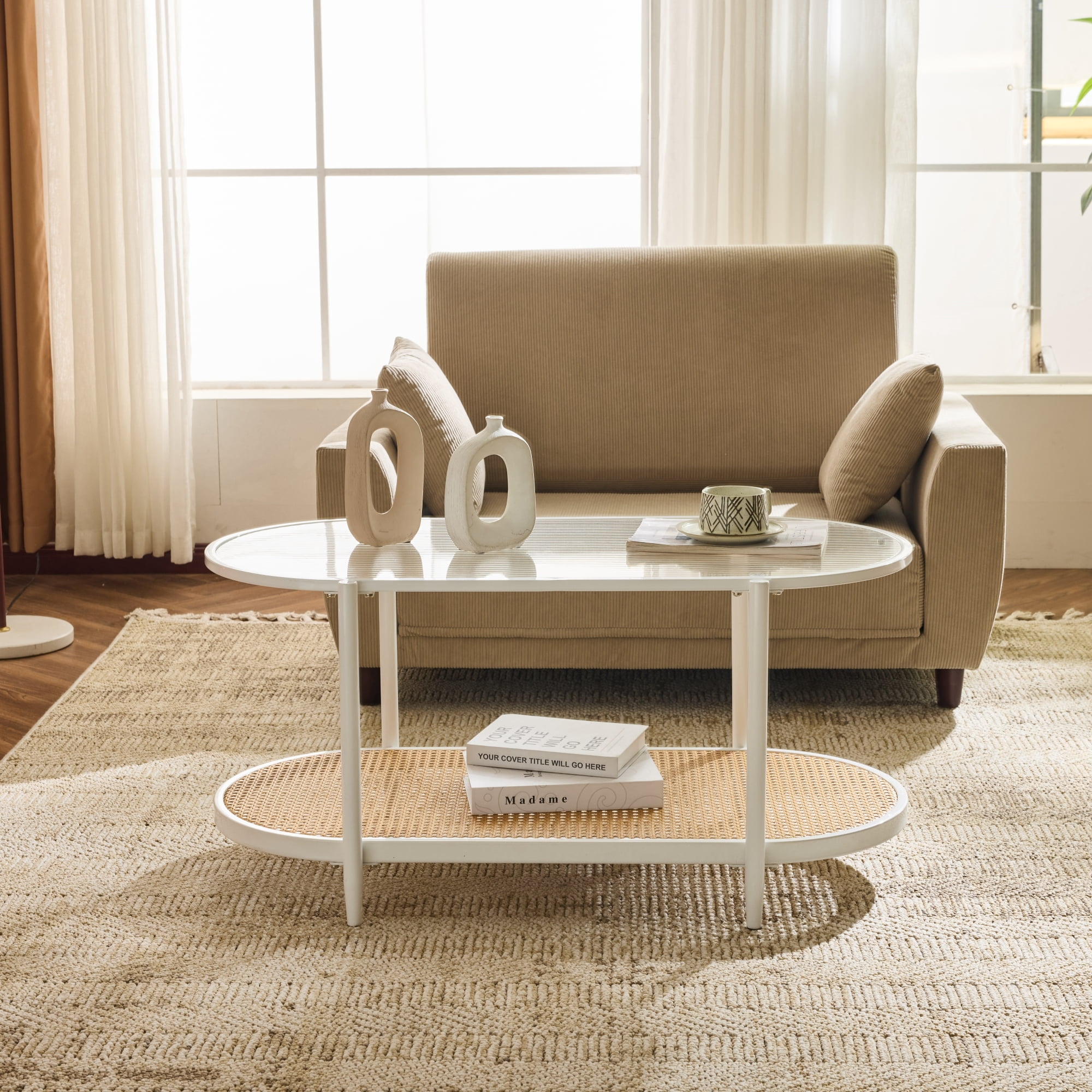 Ktaxon Mid-Century Coffee Table, Long Narrow Center TV Stand Console Table for Living Room, Antique Furniture, White