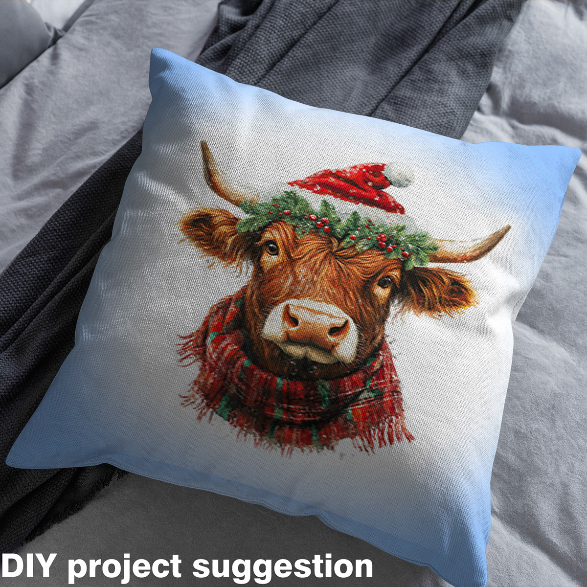 jejeloiu Highland Cow Fabric (10 Yard),Xmas Hat Red Brown Sewing Fabric For Teens