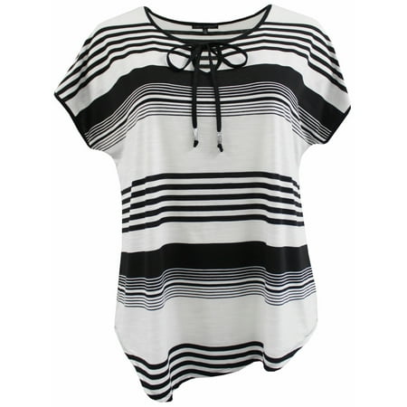 BNY Corner Women Plus Size Thin Thick Stripes Keyhole Knit Top Tee T Shirt Black White 1X 170.13