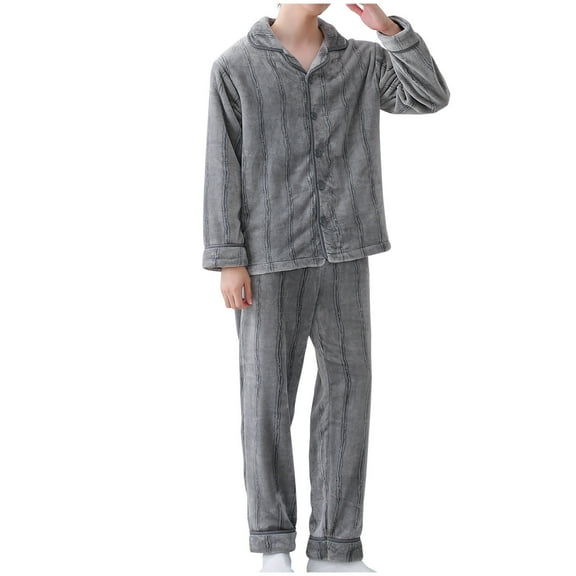 successthop Mens Pajamas Flannel Fleece Thick Long Sleeve Tops with Pants Stripe Button Winter Outwear