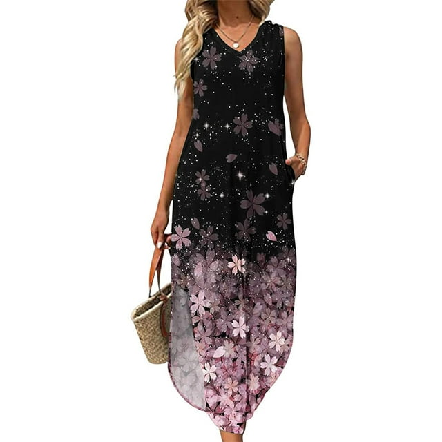 SMihono Robe Maxi Bohème d'Été pour Femmes Grande Taille Sexy Mode Sans Manches Imprimée Col en V avec Poches Longue Robe de Plage