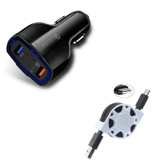 Type-C Retractable USB Cable w 3-Port USB 48W Quick Car Charger A1R for Acer Liquid Jade Primo - Alcatel PulseMix, 7, Idol 5S 5 4S - ASUS Zenfone V Live, ROG Phone, AR 6 5z 4 Pro