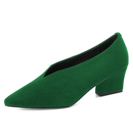 YDN Women Comfy Pointed Closed Toe V Cut Pumps Slip On Chunky Low Heels Formal Wear Outfit Work Shoes Size 12 Green