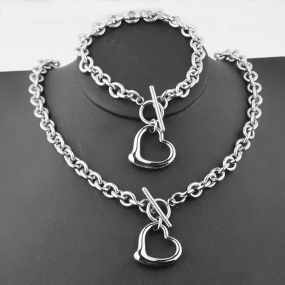 Women Silver Stainless Steel Rolo Chain Heart Charm Toggle Bracelet Necklace Set
