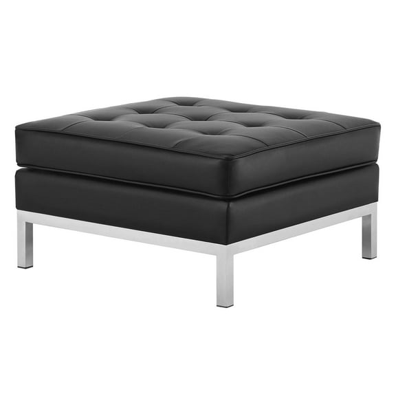 Contemporary Modern Urban Designer Living Room Lounge Club Lobby Accent Chair Ottoman, Faux Vinyl Leather, Black Silver
