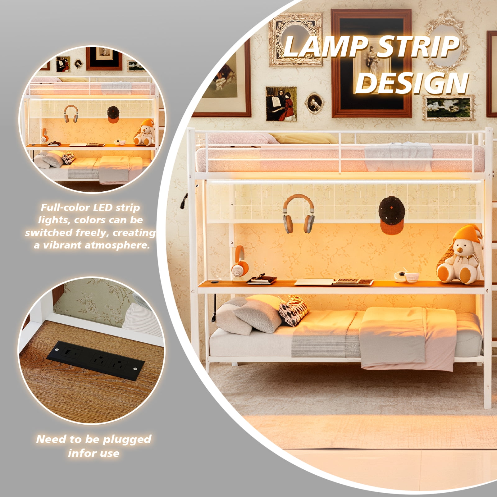 Leumius Twin over Full Size Metal Bunk Bed with Built-In Desk & LED Lighting,Heavy Duty Metal Bunk Beds Frame with Ladder for Bedrooms,Dorms,White