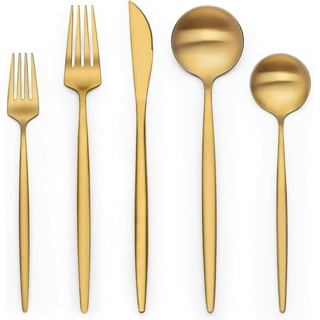 Xiao Hua -30 piece set (6 people) Golden stainless steel cutlery set with knives, spoons, and forks, modern matte tableware, modern kitchen utensils for daily family meals and formal dinners
