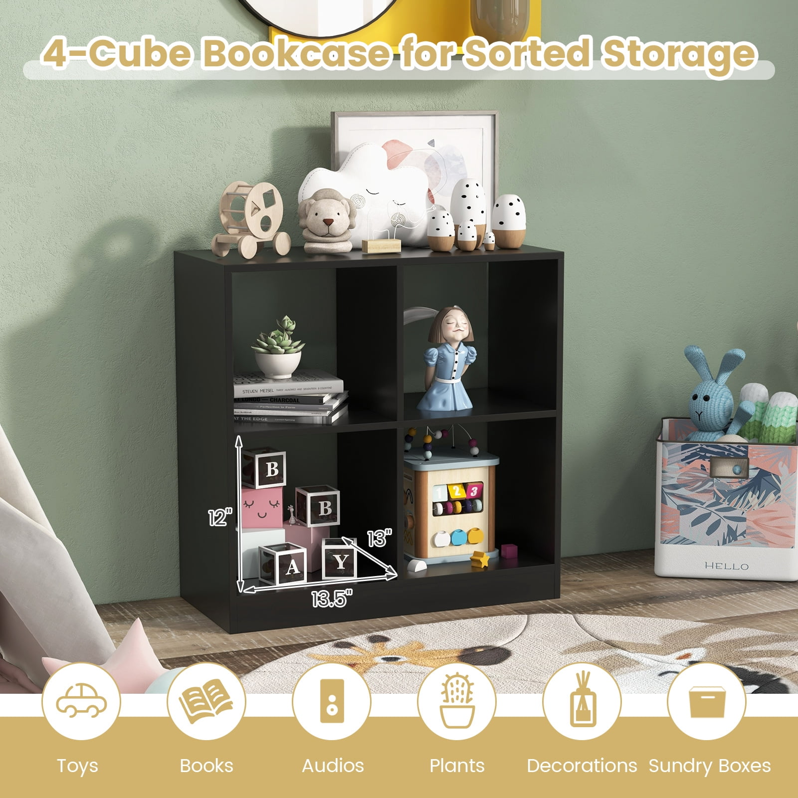 Topbuy 4-Cube Bookcase Floor Open Wooden Bookshelf with 2 Anti-Tipping Kits Modern Shelving Organizer Multipurpose Storage Cabinet Black
