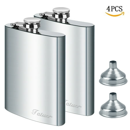 Stainless Steel Flask Funnel Set, Tatuer 2pc 8 oz Whiskey Flask Vodka Alcohol Flask, Hip Flask, Flask For Men, Flask with 2 Funnel For Ski Travel Climbing Fishing Camping 227ml Silver (8