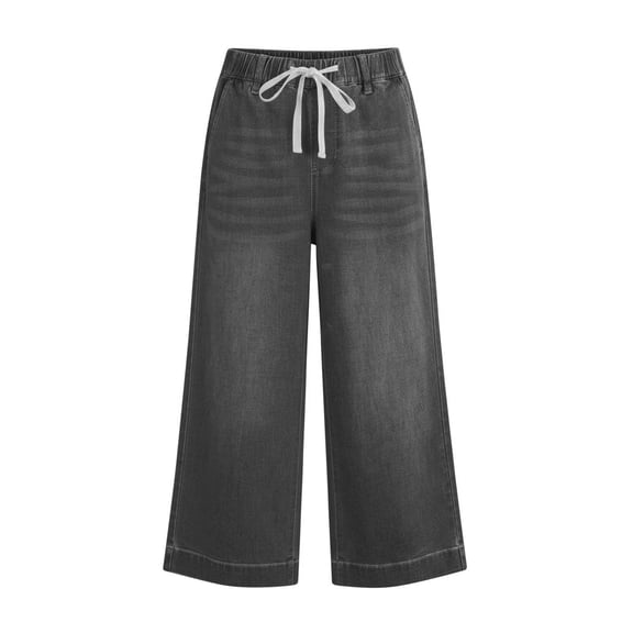 Capri Jeans for Women Dressy Casual Summer Drawstring Elastic High Waist Wide Leg Capris Pull on Denim Pants 2026 Gray M