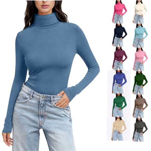 Craaazy Long Sleeve Tops for Women Solid Color Hign Neck Fitted Layering Clothes Regular Length Slim Fit for Fall Winter Daily Casual Outfits