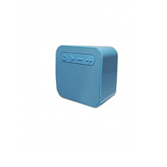 bocina portatil inalámbrica highlink azul 3w 3/4 frontal de unidad compacta azul con rejilla texturizada y botones integrados (encendido, reproducir/pausa, volumen +/-); carcasa rectangular con bordes redondeados, soporte para USB y micro SD, Bluetooth y radio FM, uso aproximado de 5 horas; a menudo se usa para audio portátil en viajes cortos.