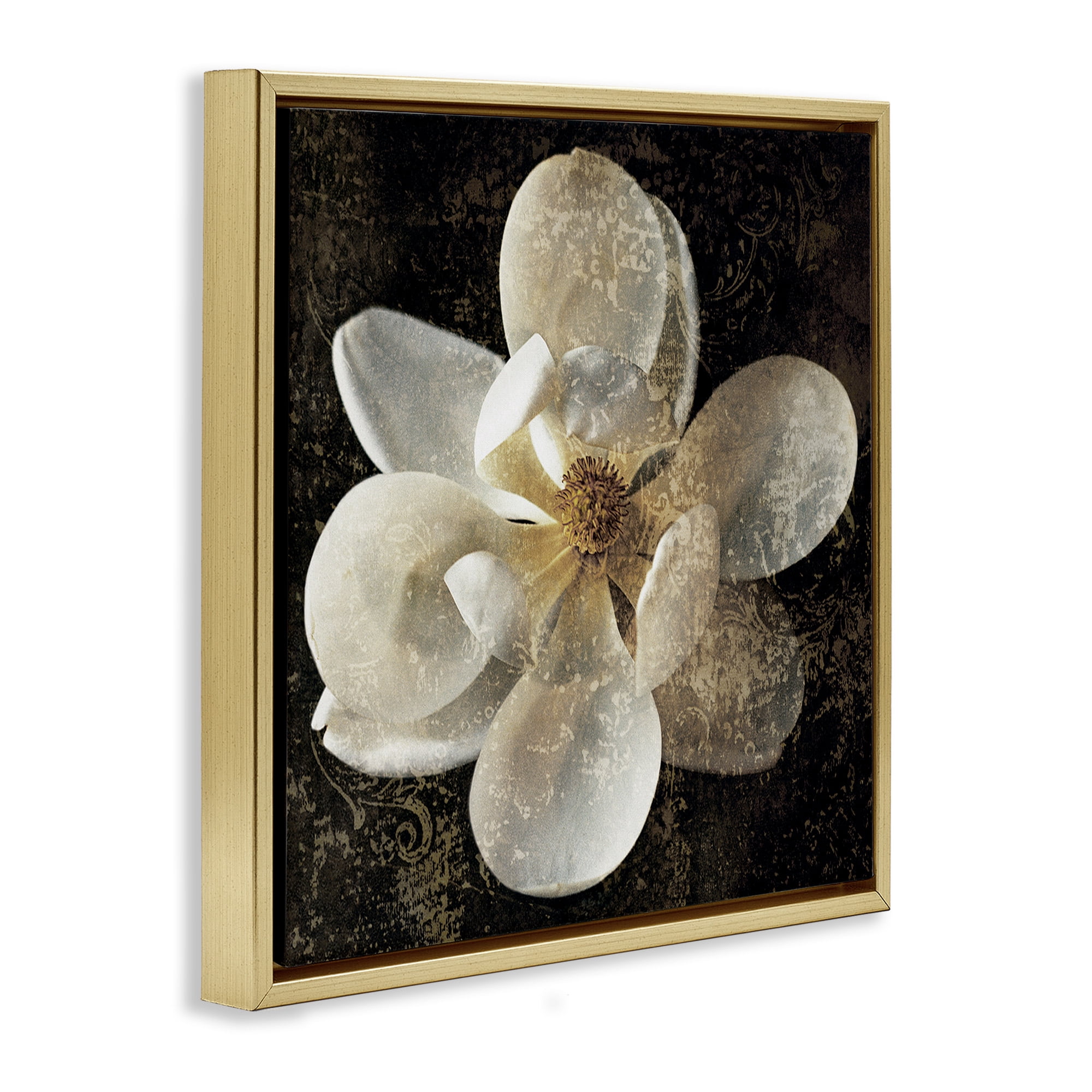 Stupell Industries Rustic Patterned Magnolia Botanical & Floral Painting Gold Floater Framed Canvas Art Print Wall Art, 25 x 25