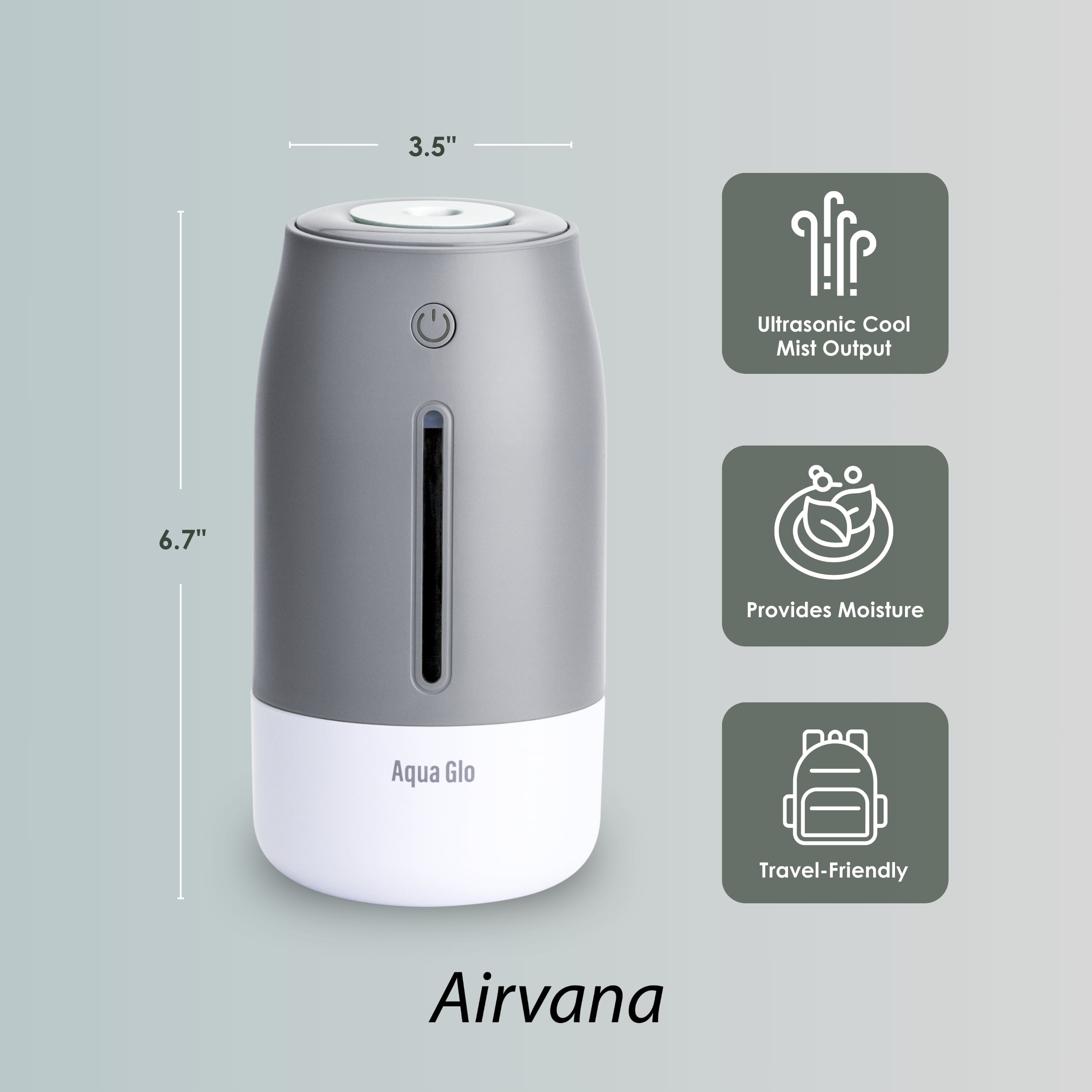 Airvana Aqua Glo Personal, Portable Humidifiers for Bedroom – Ultrasonic Cool Mist Humidifier with Built In Rechargeable Battery. Air Humidifier for Baby, Plants, Home, Office, Travel. Gray