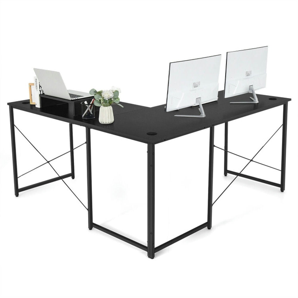 Demi Bonn 95" 2-Person L-Shaped Long Reversible Computer Desk with Monitor Stand, Small Home Office Desk Study Writing Table, Black