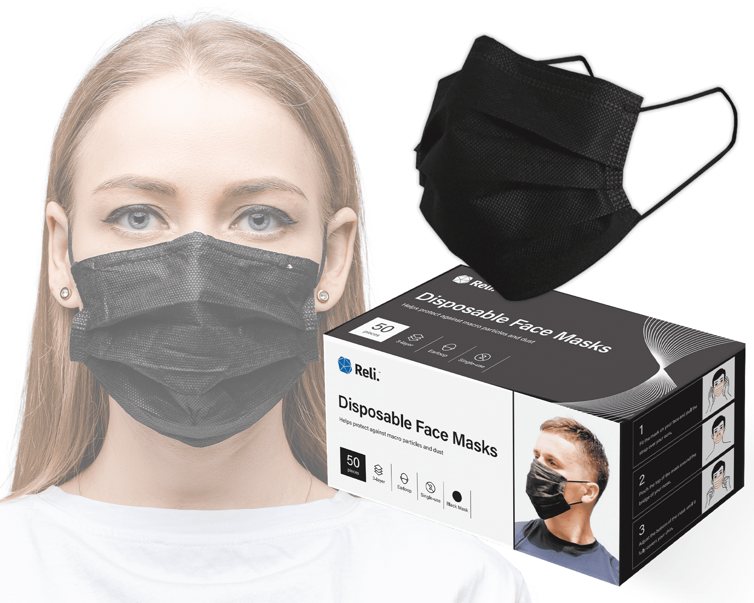 Reli. Black Face Mask (50 Masks) Disposable Black Mask, 3 PLY 