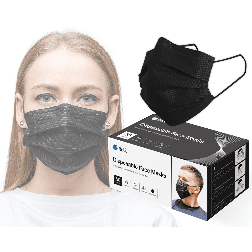 Reli. Black Face Mask (50 Masks) Disposable Black Mask, 3 PLY Protection with Filter Layer