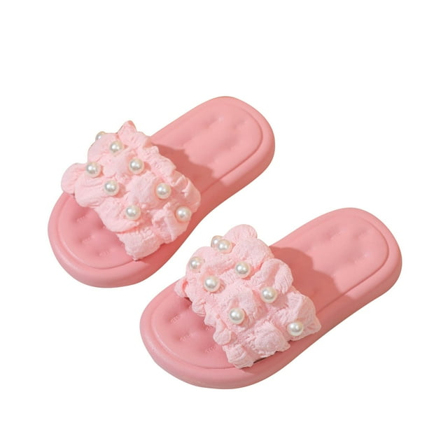 purcolt Kids Girls Ruffles Pearls Slides Non-Slip Rubber Sole House Slippers Open Toe Summer Beach Pool Bathroom Shower Shoes Comfy Thick Sole Slide Sandals
