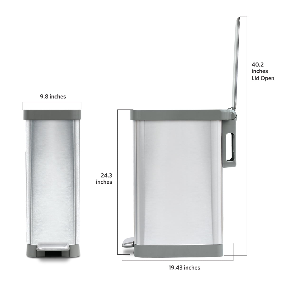 Glad Kitchen Trash Can, 12 Gallon Stainless Steel Slim Step Garbage Bin with Grey Lid, Silver