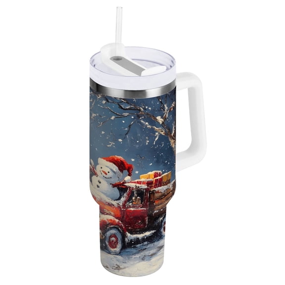 Christmas Tree and Snowman on Truck Tumbler with Handle and Straw Lid 40 oz Insulated Vacuum Water Bottle Stainless Steel Travel Cup