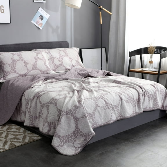 3 Piece Quilt Set with Shams. Soft All-Season 100% Washed Cotton Bedspread Washed Jacquard Quilted Queen Blanket and 2 Pillow Case Sham Set (Double/Queen, Mocha) – 90 x 90