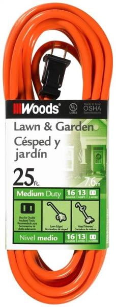 Woods 0722 SJTW Outdoor Extension Cord, 2 16 AWG Bare Copper Conductor, 25 ft L, 13 A, 125 VAC