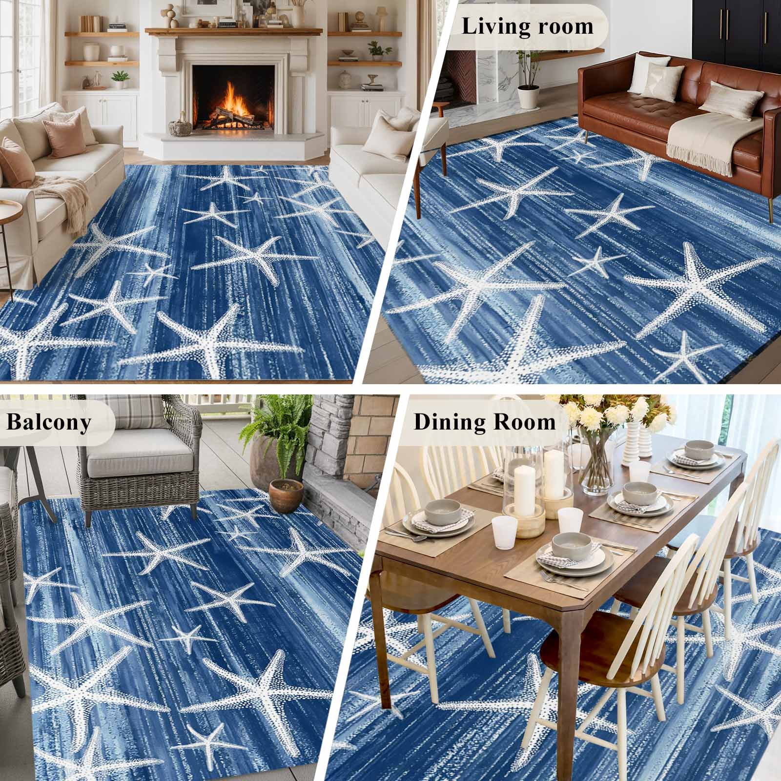 Rectangle Area Rugs 5 x 8 Ft, Navy Blue Coastal Non-Slip Residential Carpet, Summer Ocean Waves Ombre Sea Starfish Indoor Crawling Mats Runner Rugs for Living Room/Dining Room/Bedroom