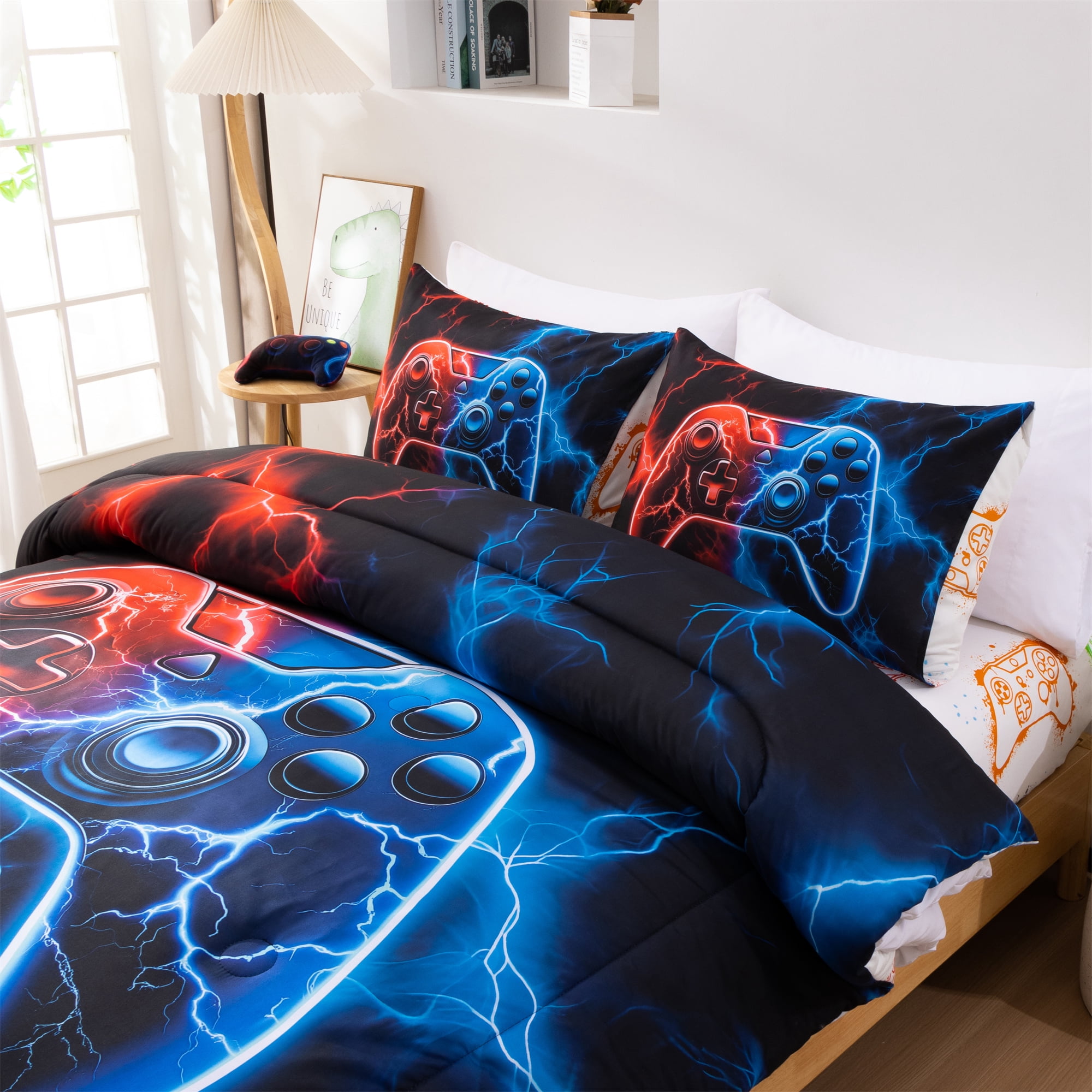 Btargot 3 Piece Lighting Game Red Blue Comforter Set Twin Neon Gamepad Kids Boys Bedding Set