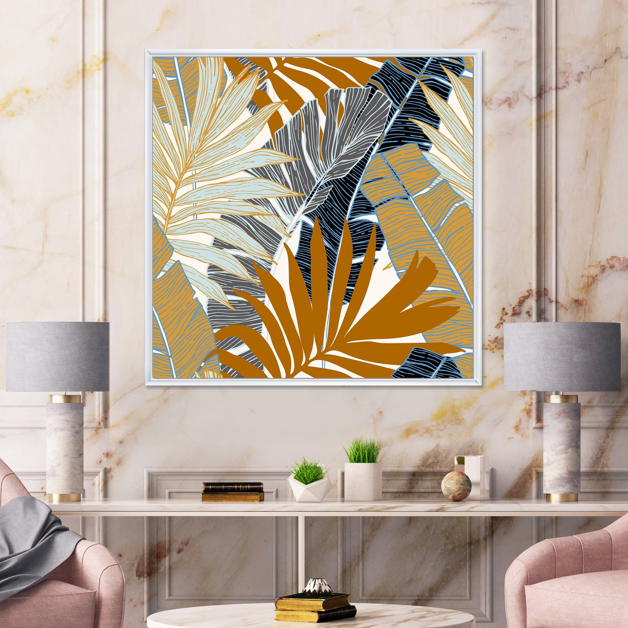 Designart 'Abstract Tropical Summer Banana Leaves and Palm Tree' Modern Framed Canvas Wall Art Print