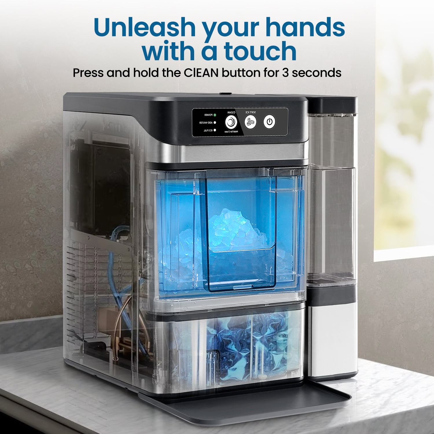 THLAND Chewable Crunchable Countertop Nugget Ice Maker with 0.793 Gallon Tank，Large Capacity Ice Makers Countertop,41Lbs/24H, Self-Cleaning, One-Click Operation, Stainless Steel Silver