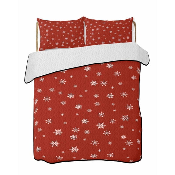 Quilt King Size Bedding Set, Red Christmas Snowflakes Reversible Summer Quilt 3 Pieces, Winter Modern Minimalist Geometric Lightweight Bedspreads Coverlets with 2 Pillow Shams for All Seasons