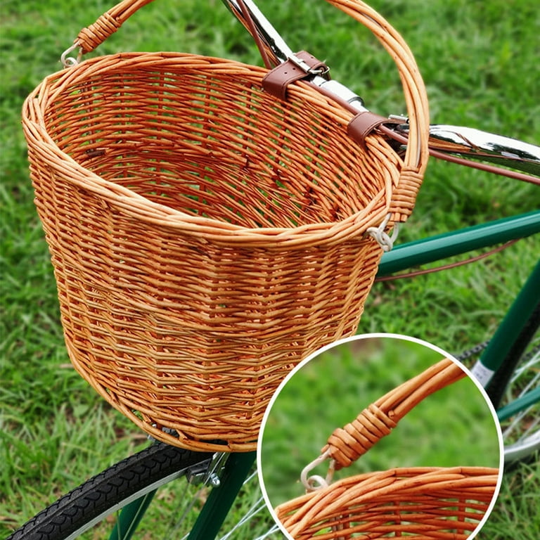 Wicker Bicycle Basket,Retro Bicycles Cane Woven Rectangular Basket with  Authentic Leather Straps Buckles,Front Handlebar Wicker Bike Basket  Shopping Storage,Large Rattan Wricker Vintage Bicycle Bike 